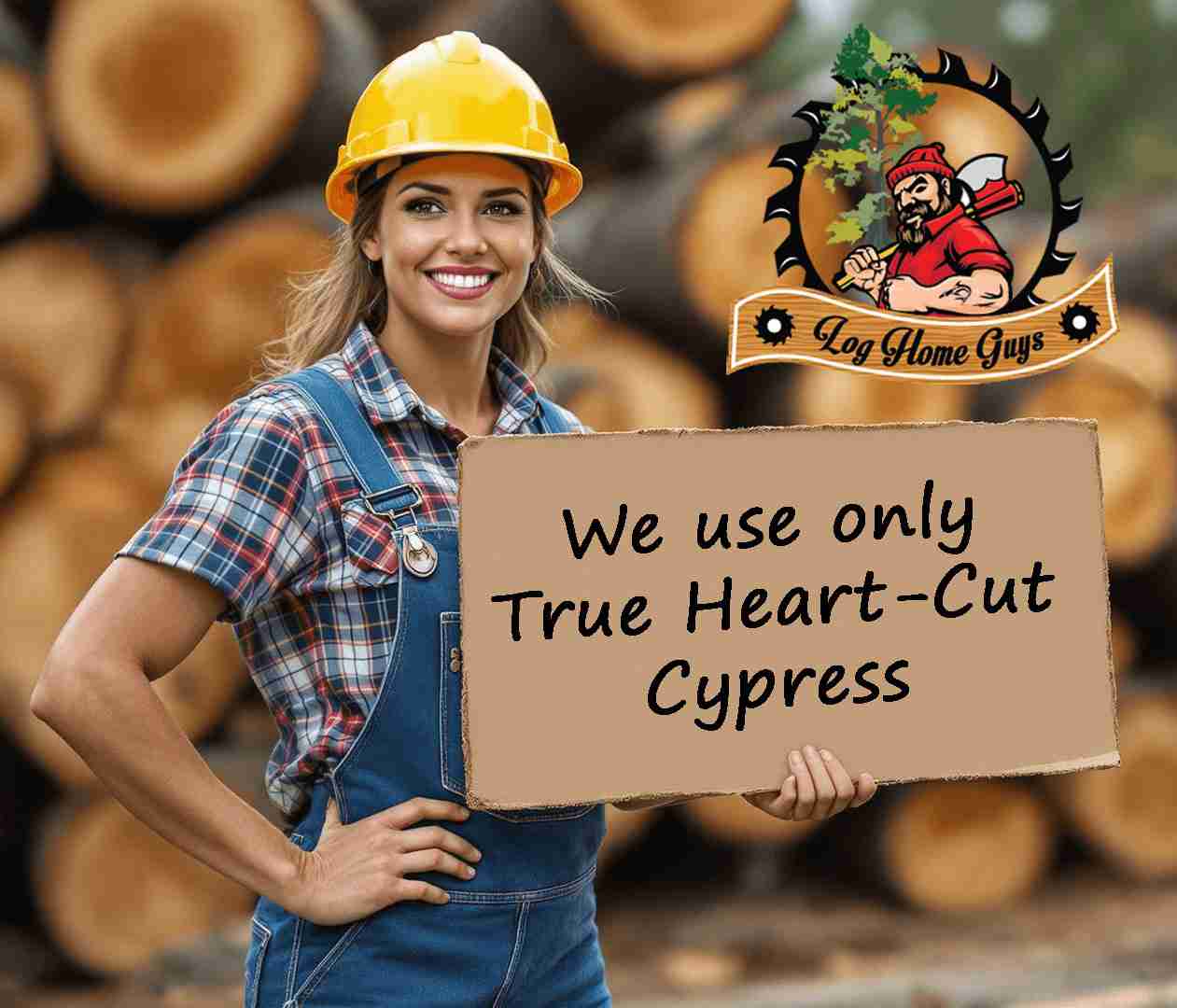 Smiling woman holding log quality sign in yard.